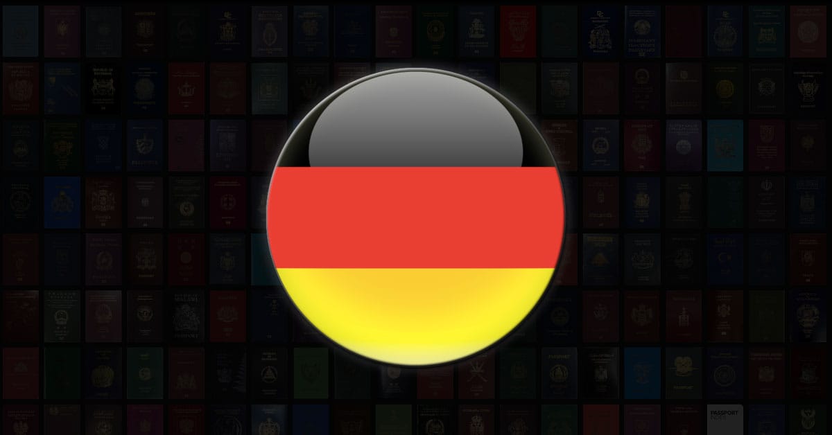 German flag icon over images of passports.