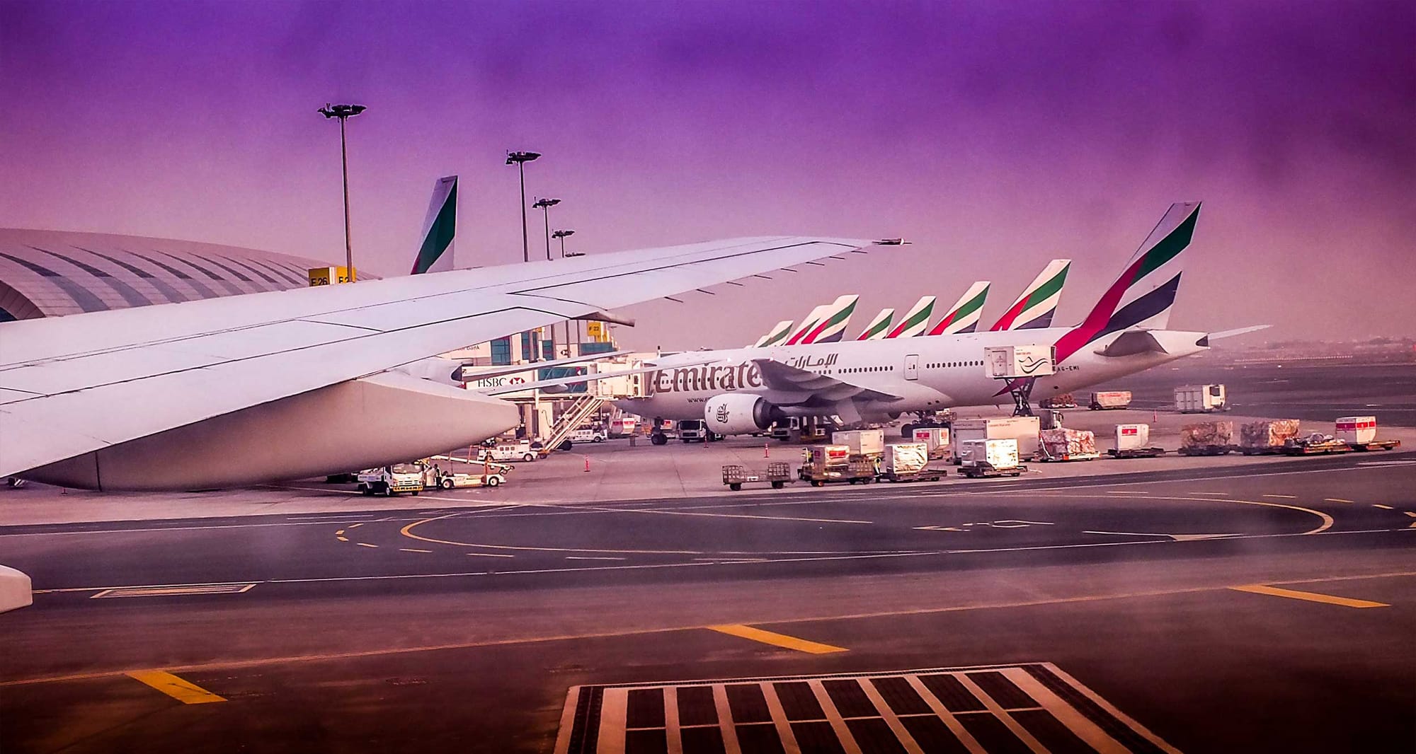 Exterior of Dubai Airport as seen from window of airplane.