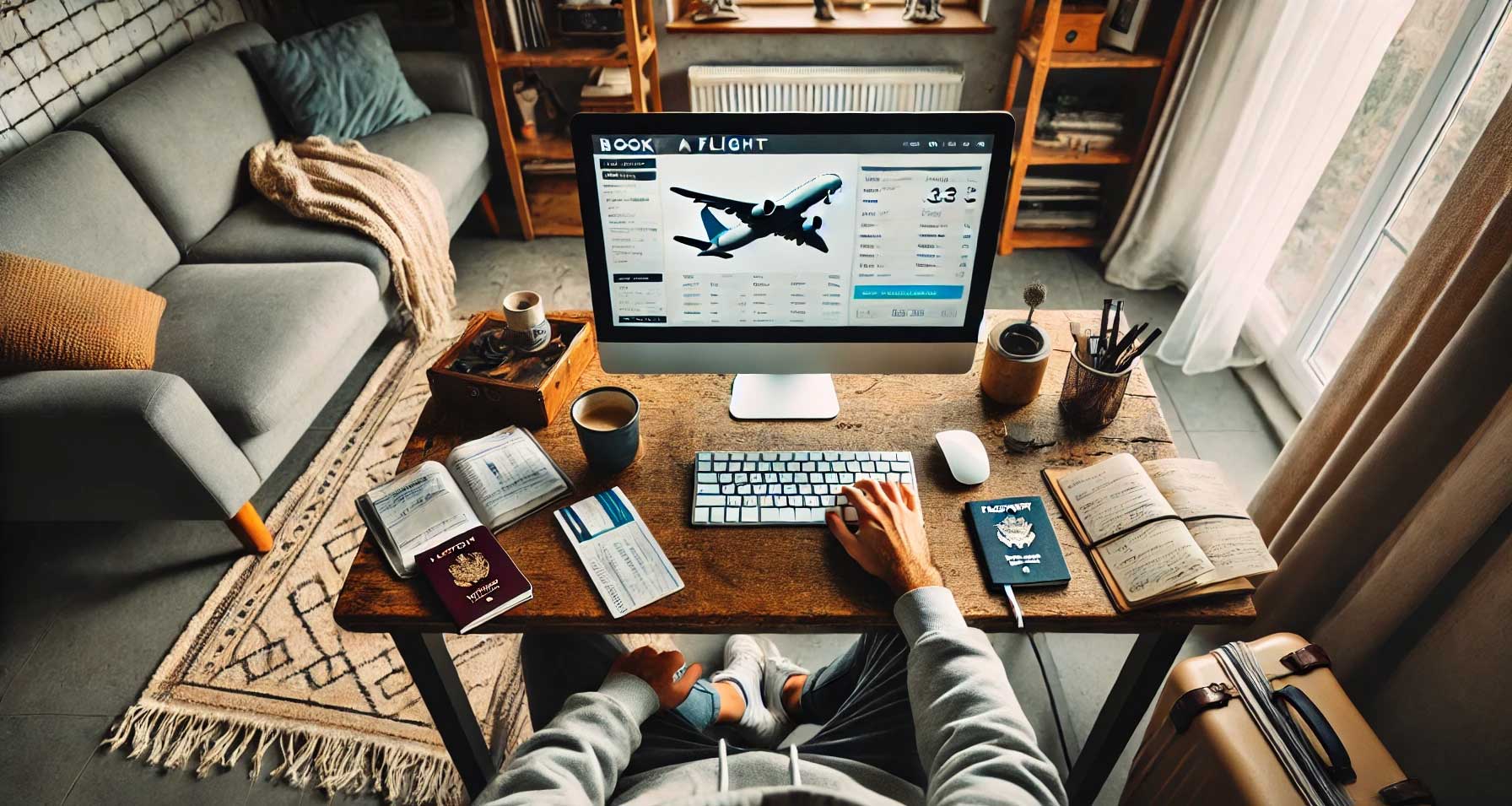 Person sitting at a desk using the computer to book a flight.