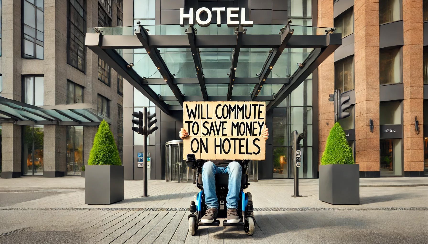 power wheelchair user in front of a hotel, holding a cardboard sign that reads, will commute to save money on hotels.