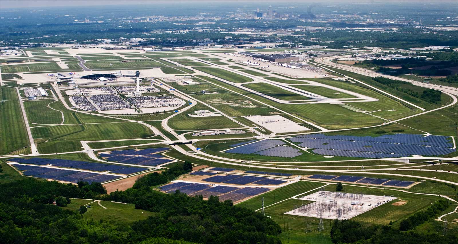 Aerial view of Indianapolis Airport terminal building and runways.