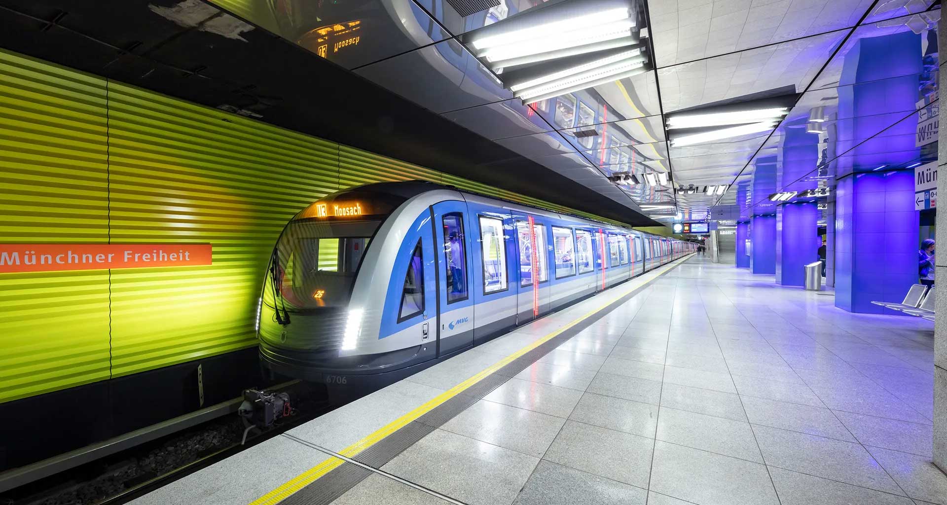 Munich metro train in station.