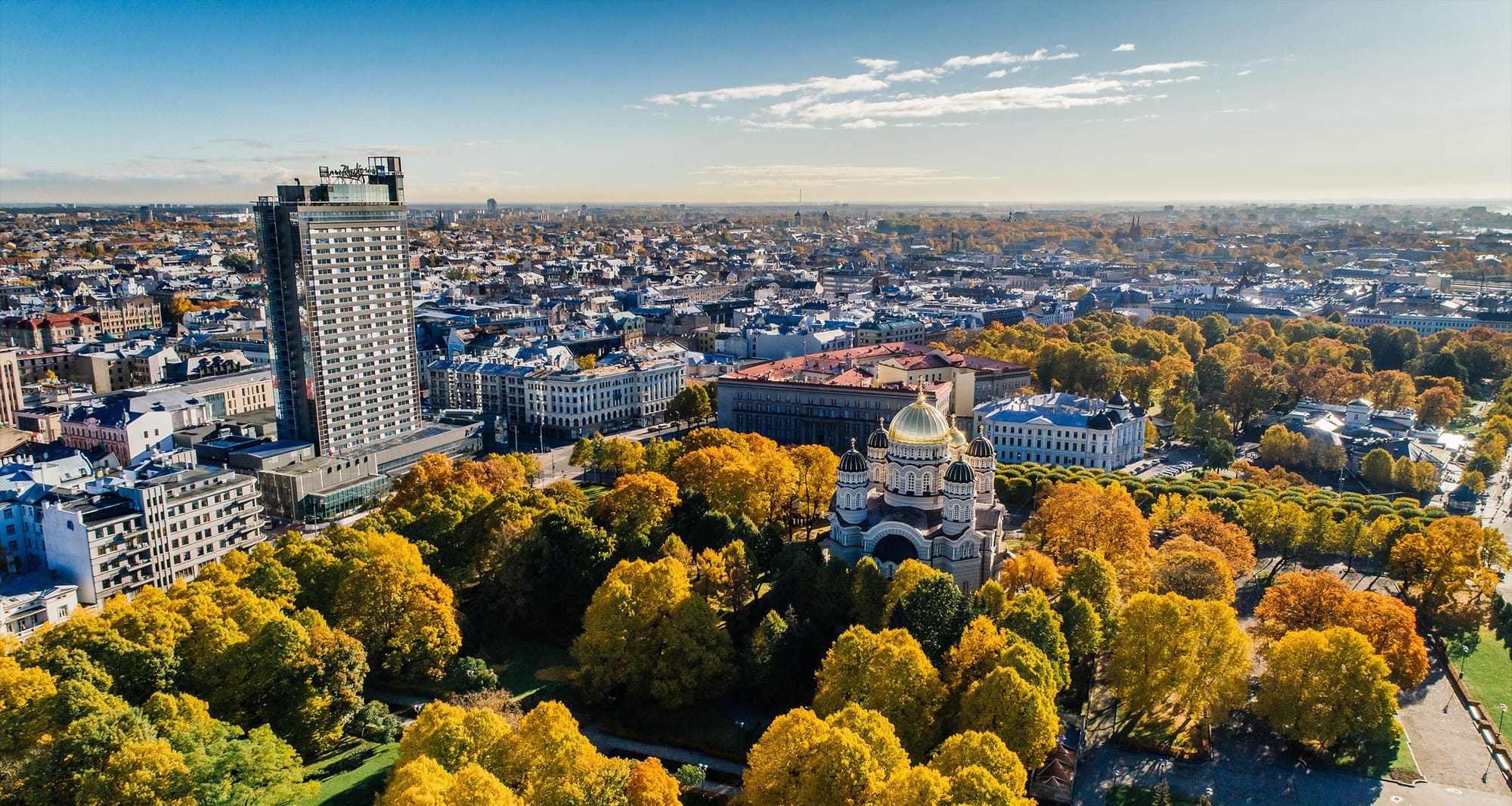 City skyline of Riga, Latvia on a sunny day.