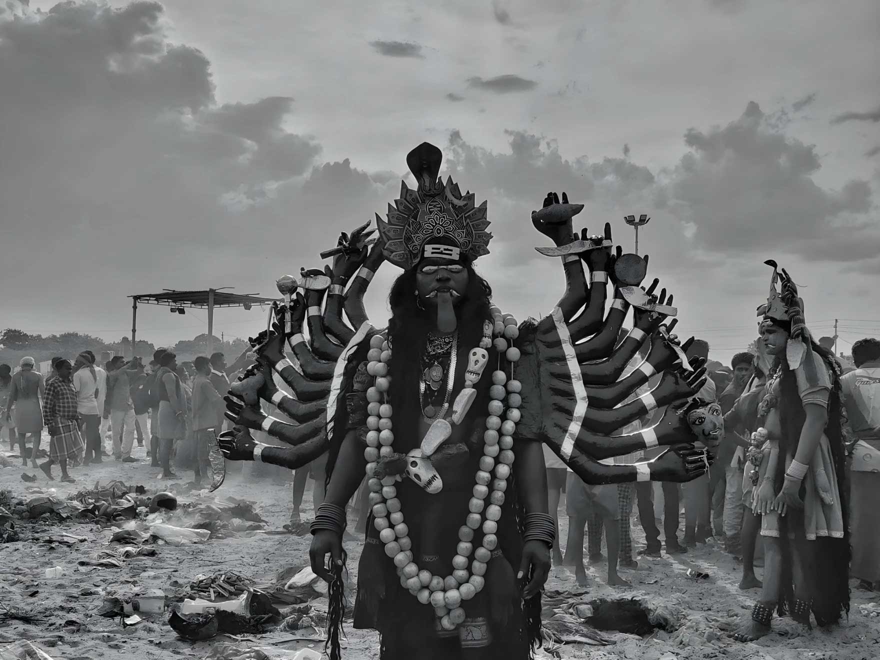 Man wearing traditional Hindu headdress at Thiruchendur temple in Tamil Nadu.