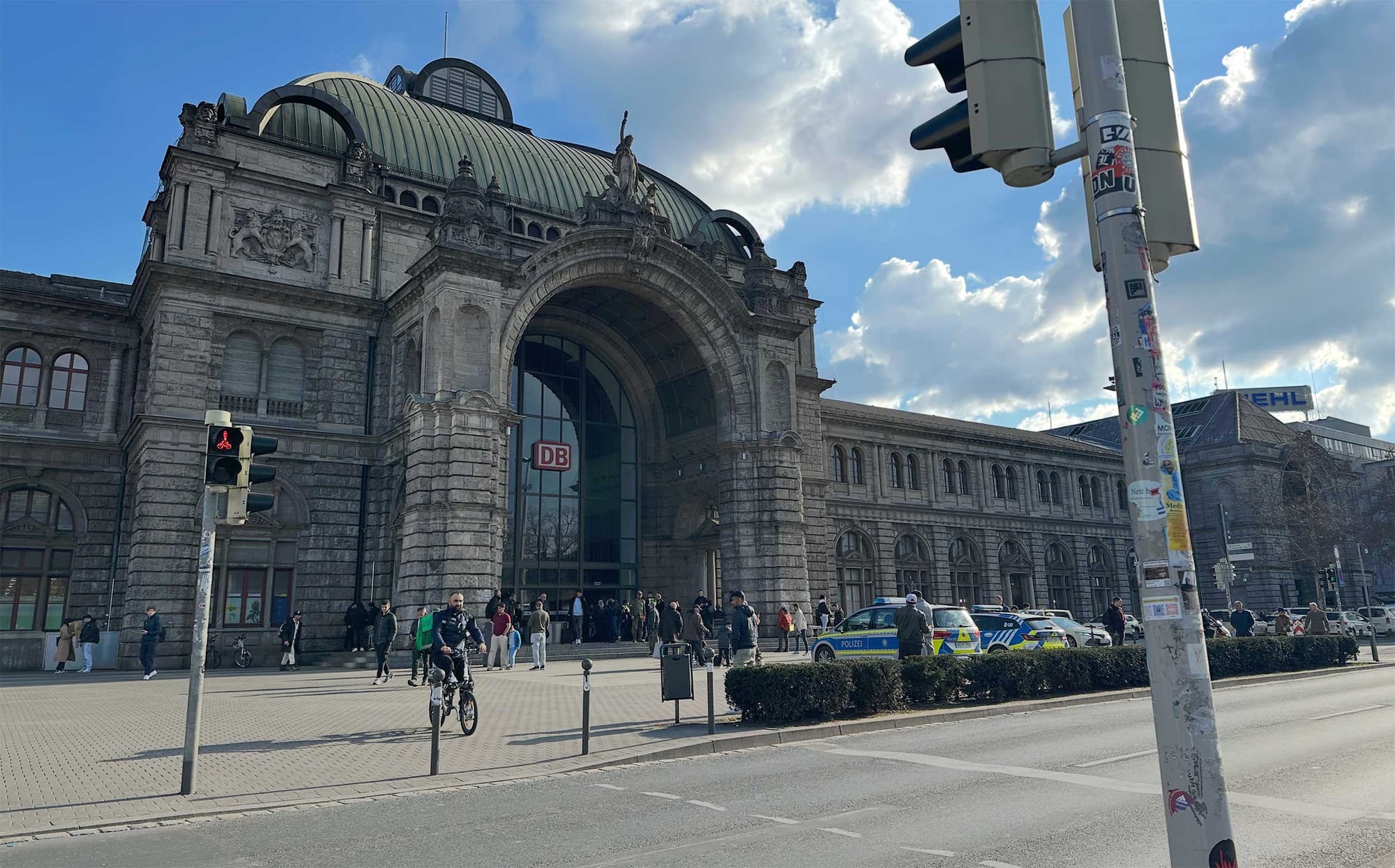 Exterior of Nuremberg train station seen from across the street.