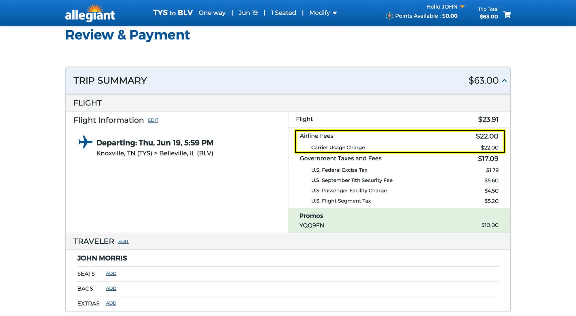 Screenshot of airline ticket website and fare breakdown.