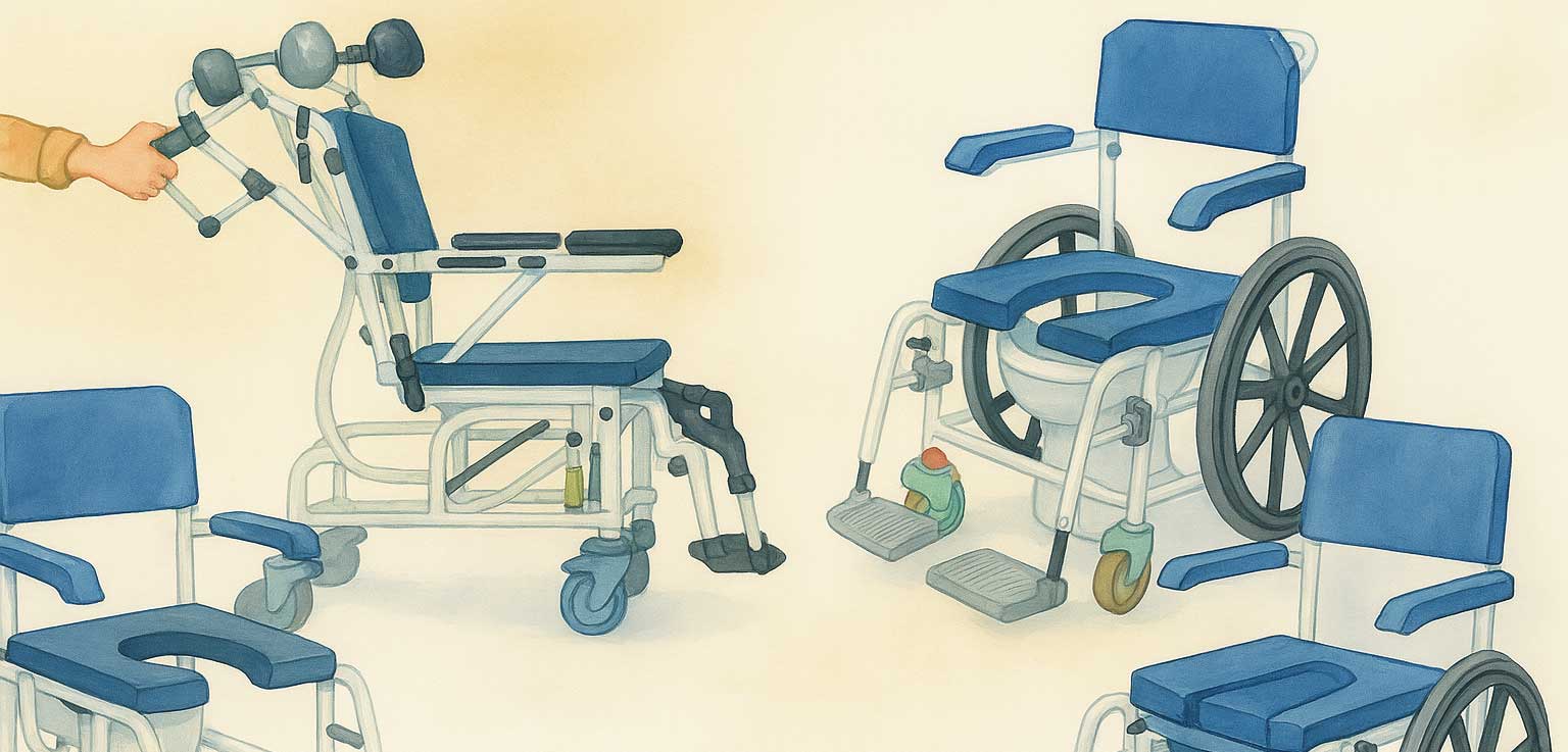 Illustration of four shower and commode chairs.