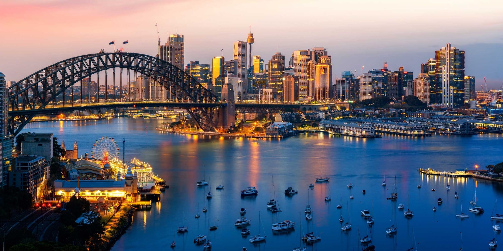 Sydney Harbour at dusk.