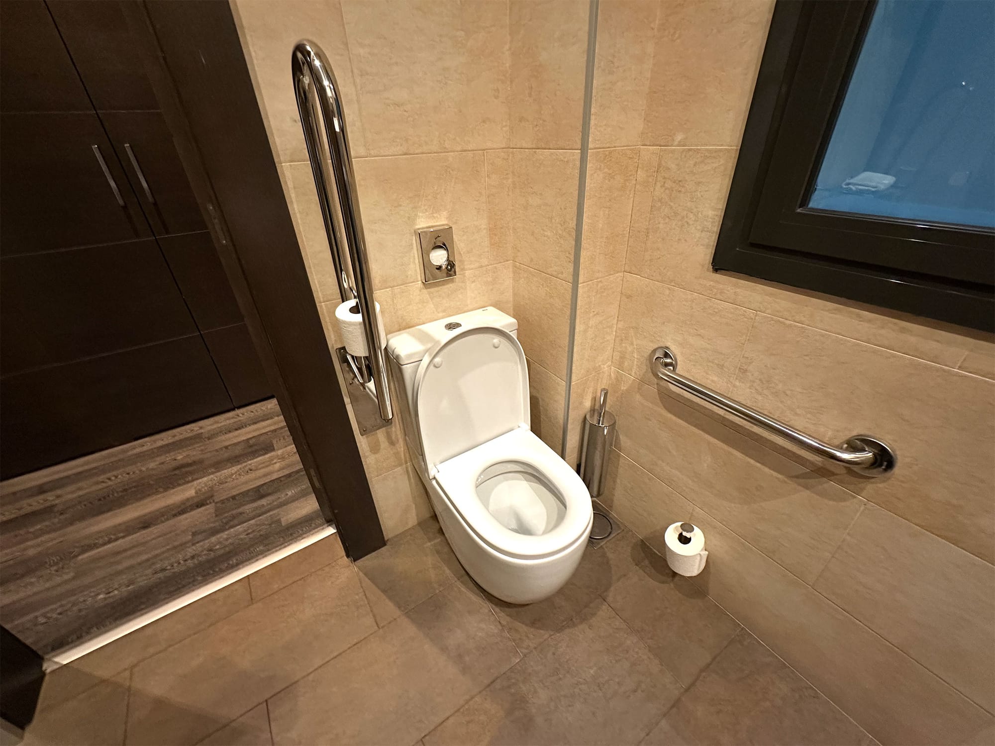 Toilet with grab bar.
