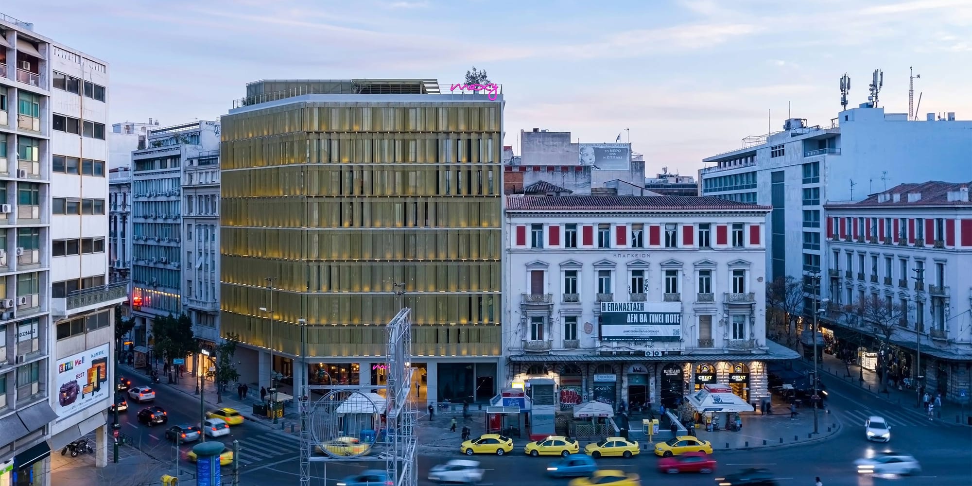 Exterior of Moxy Athens City hotel.