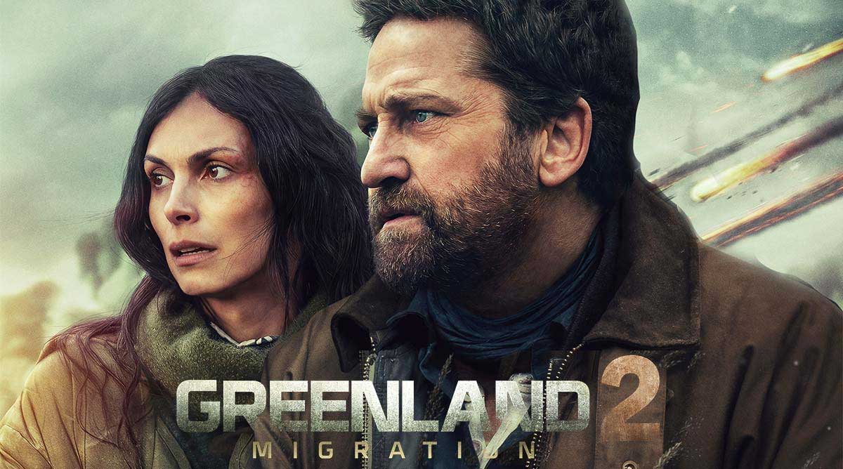 Close up image of Gerard Butler and his costar in a marketing poster for the Greenland 2 Migration movie.