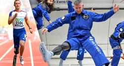 Image of paralympian turned astronaut with leg amputation floating in a zero gravity airplane.