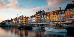 Colorful houses along canal in Copenhagen, Denmark.
