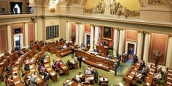 Overhead view of the Minnesota House of Representatives Chamber while in session.