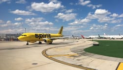 Spirit Airlines plane taxis on the runway.