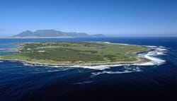 Aerial shot of Robben Island, where Nelson Mandela was held during Apartheid in South Africa