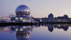 Science World at sunset in Vancouver, Canada.