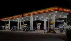 Shell gas station at night.