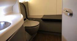 Wheelchair accessible airplane lavatory.