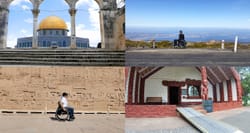 Collage: Wheelchair user in front of tourist attractions and landscapes.