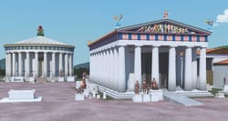 Illustration of ramps leading into temples of Ancient Greece.