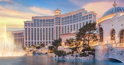 Exterior of the Bellagio Hotel with fountain.