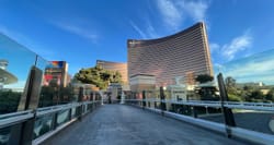 Encore and Wynn hotel towers seen from across the street.