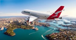 Qantas Airbus A380 pictured flying over Sydney Harbor.