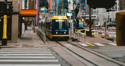 Railway crossing in a city street.