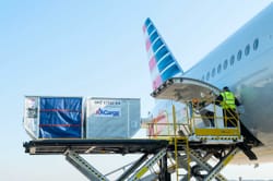 Cargo containers being loaded onto American Airlines aircraft.