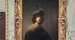 Self portrait of a young Rembrandt against a dark background, wearing a hat with a feather.