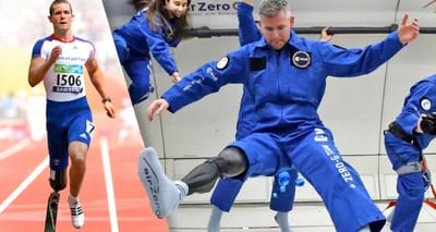 Image of paralympian turned astronaut with leg amputation floating in a zero gravity airplane.