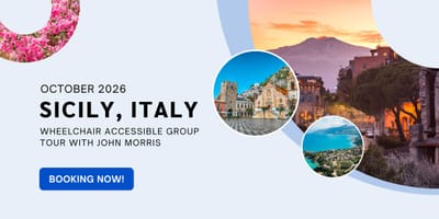 Collage of images from Sicily, plus a now booking message for 2026 Wheelchair Travel Group Trip to Sicily.