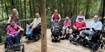 Group of wheelchair users on a wooden boardwalk in a forest.