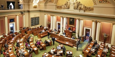 Overhead view of the Minnesota House of Representatives Chamber while in session.