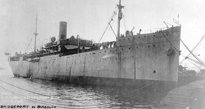 German passenger ship turned United States Navy vessel, pictured at port in New York.