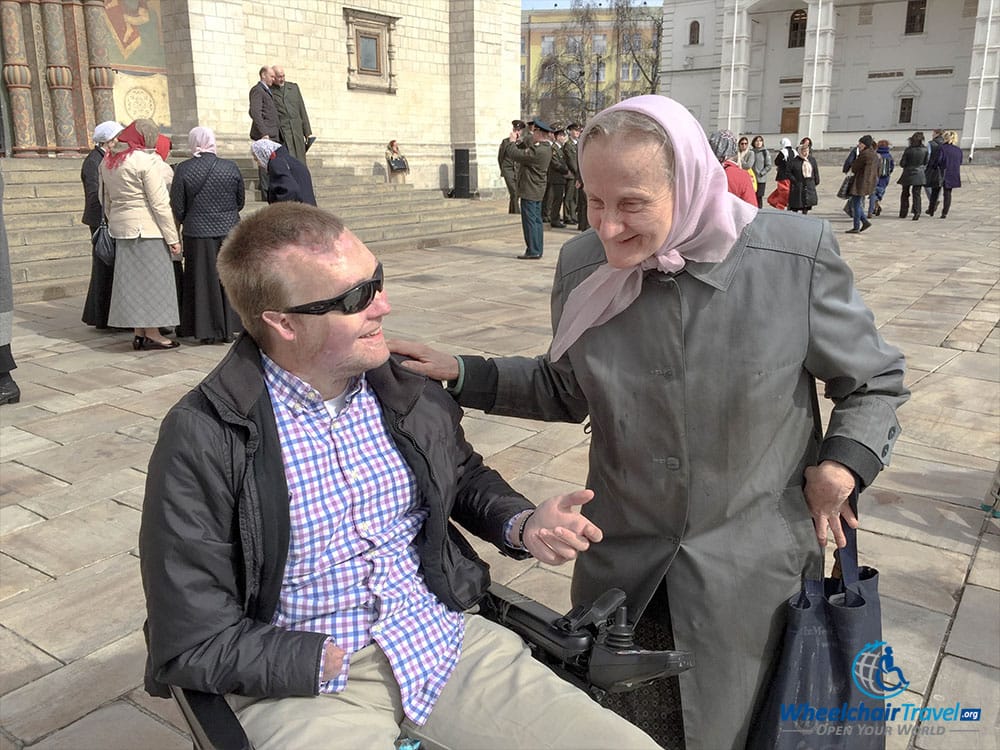 Talking with a woman inside The Kremlin in Moscow.