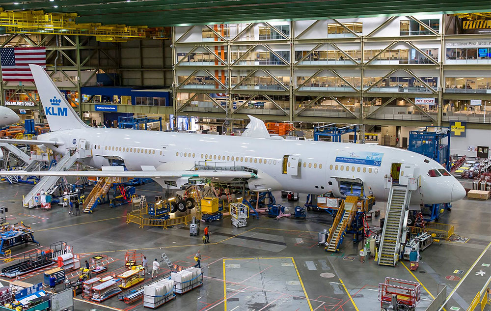 A KLM Royal Dutch Airlines 787 on the assembly line at the Boeing factory in Everett, Washington.