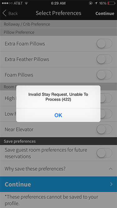 Marriott iPhone App Error 422