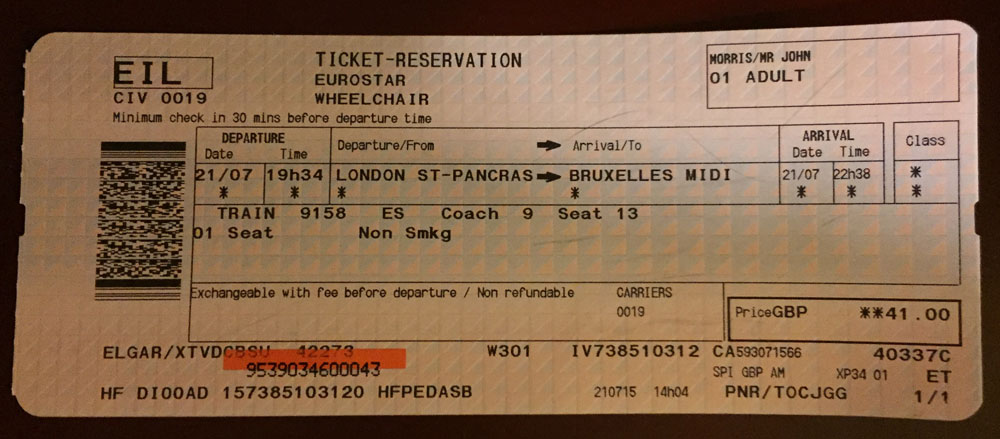 Eurostar Ticket, London to Brussels - Photo by WheelchairTravel.org John Morris