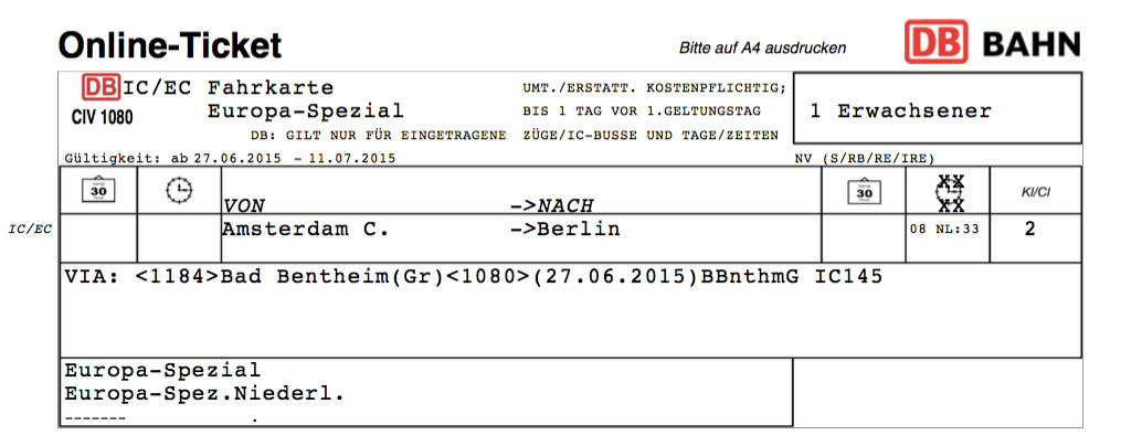 Train Ticket IC145 Amsterdam to Berlin