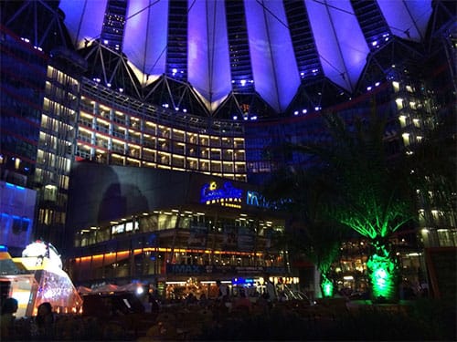 The Sony Center at night.