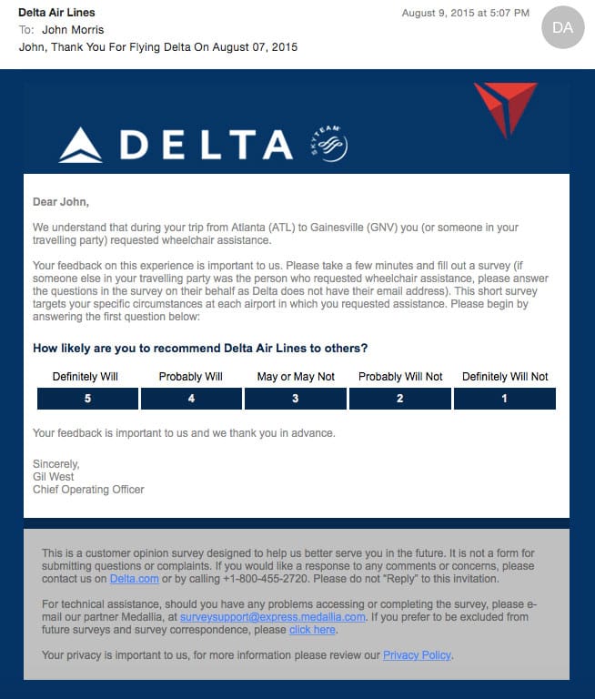 Delta Wheelchair Assistance E-mail Survey