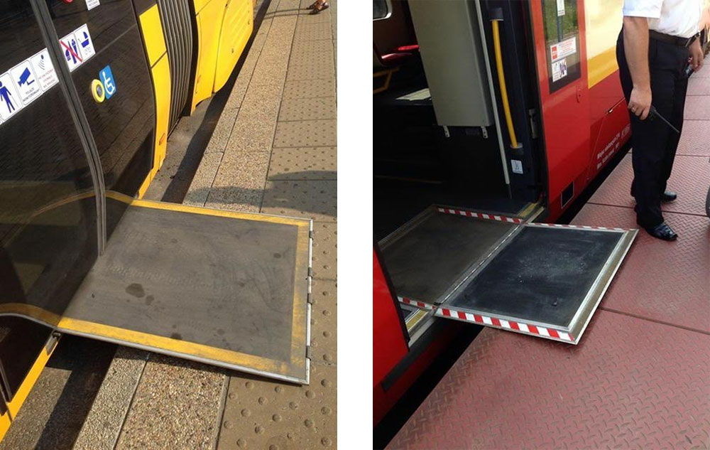 Wheelchair accessible ramps on Warsaw, Poland trains and trams.