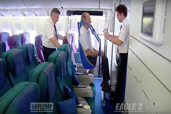 Eagle Lift transfer hoist serves as an airplane aisle chair.