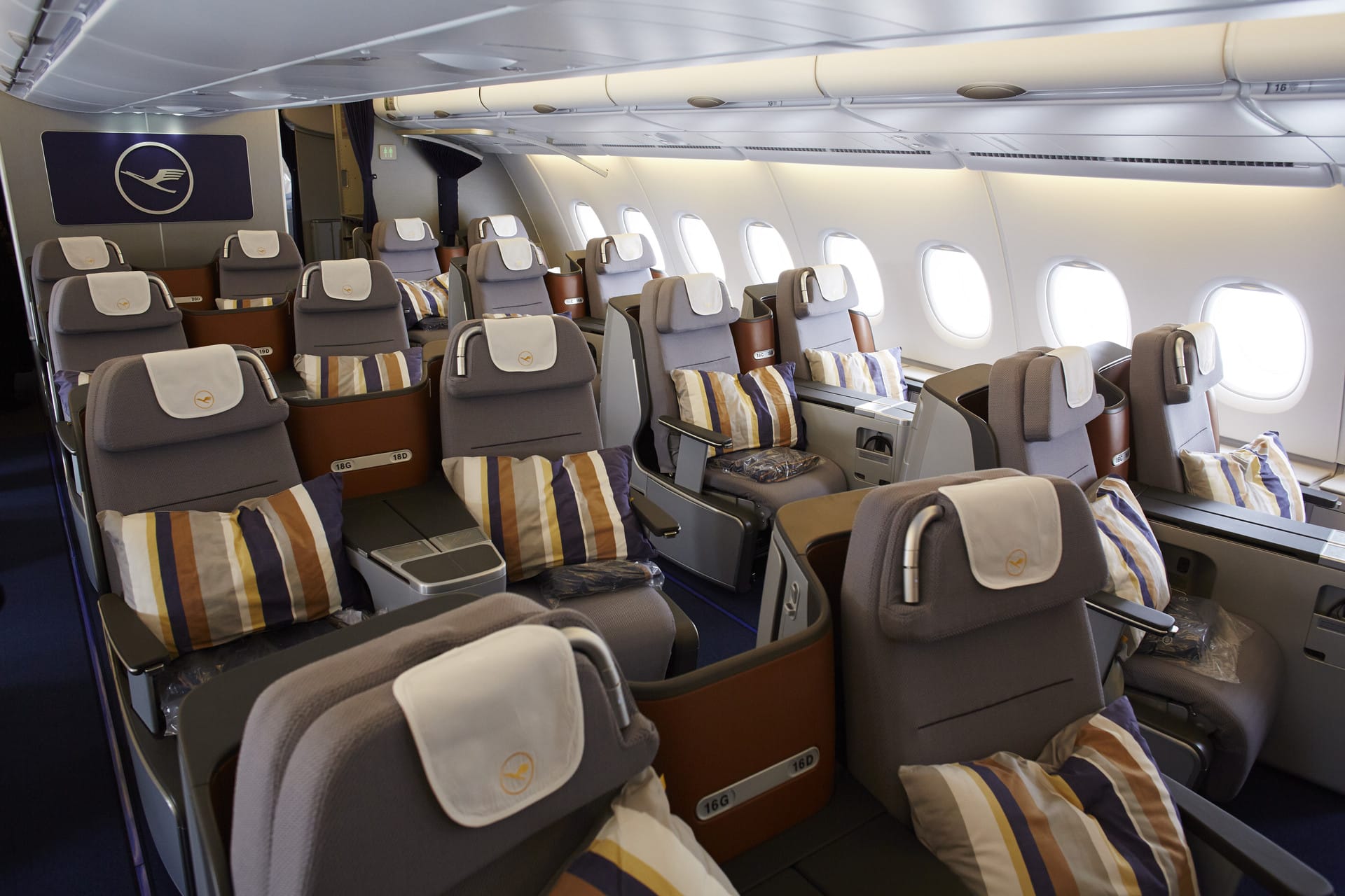 Lufthansa business class cabin interior.