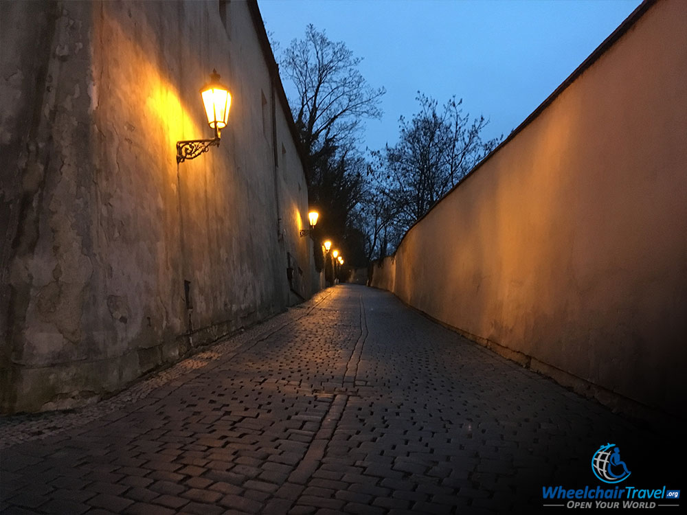 Prague Steep Sidewalk with Cobblestone