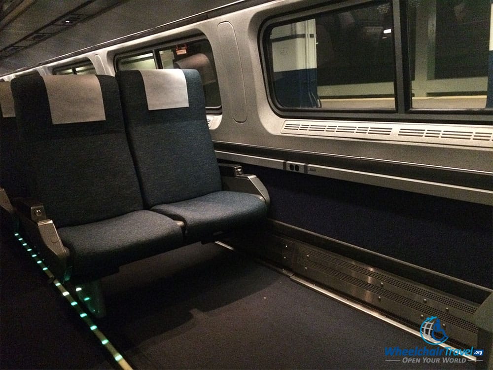 PHOTO DESCRIPTION: Wheelchair space on an Amtrak train car.