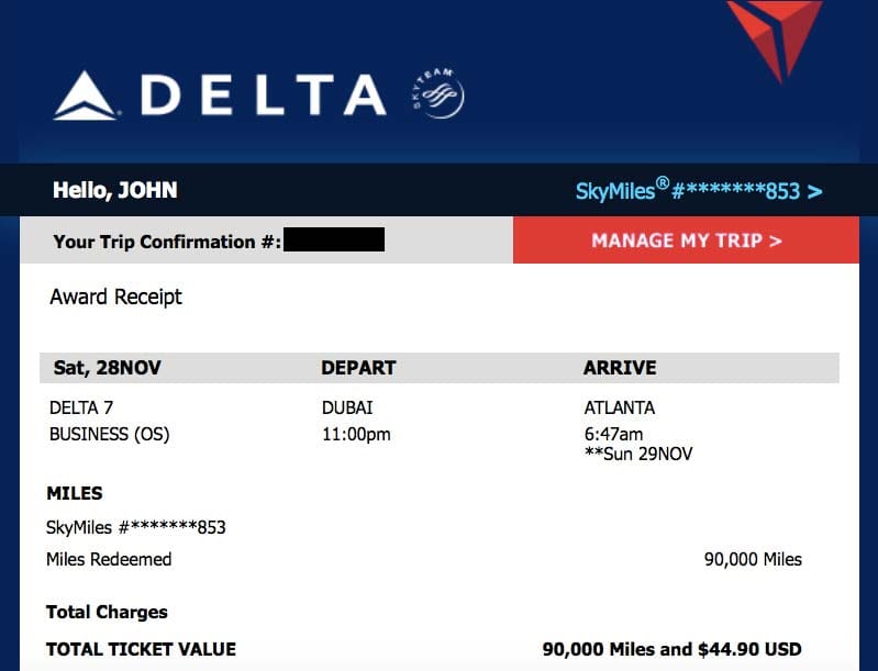 Delta Flight Ticket, Purchased with Skymiles