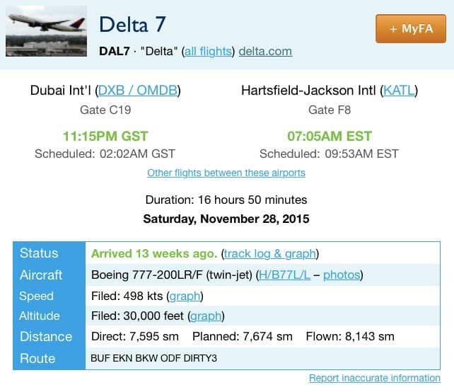 Delta Flight 7 Dubai to Atlanta Stats & Information